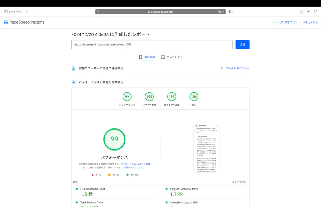 Page Speed Insights judgement results.