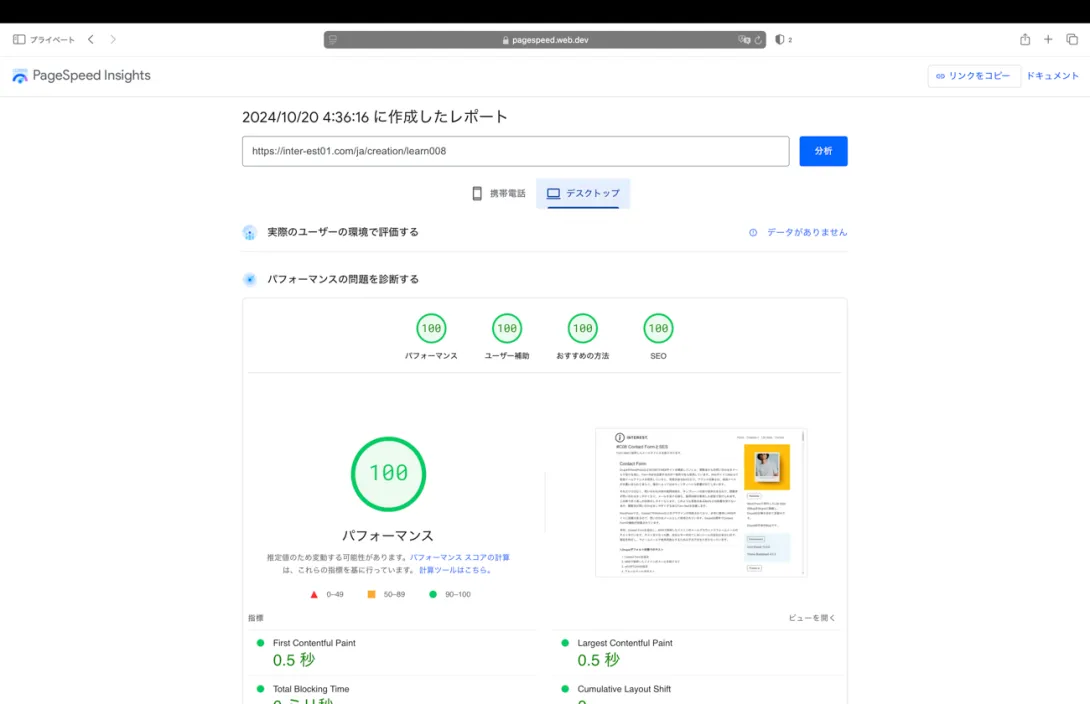 Page Speed Insights judgement results.